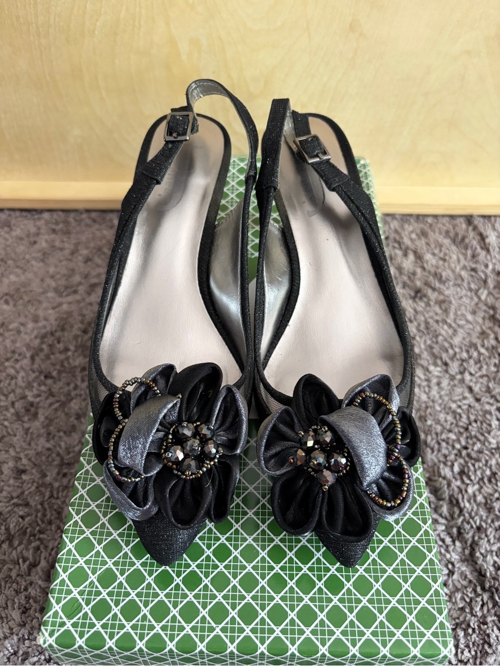 J.Renee Black Floral Embellished Slingback Kitten Heel
